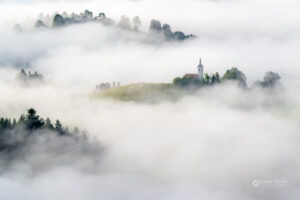 Cerkvica in grički kukajo iz jutranje meglice